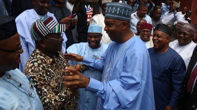 Photos: Saraki leads former APC governors to PDP NEC meeting