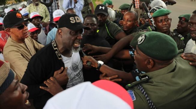 Melaye in confrontation with police officers at INEC head office