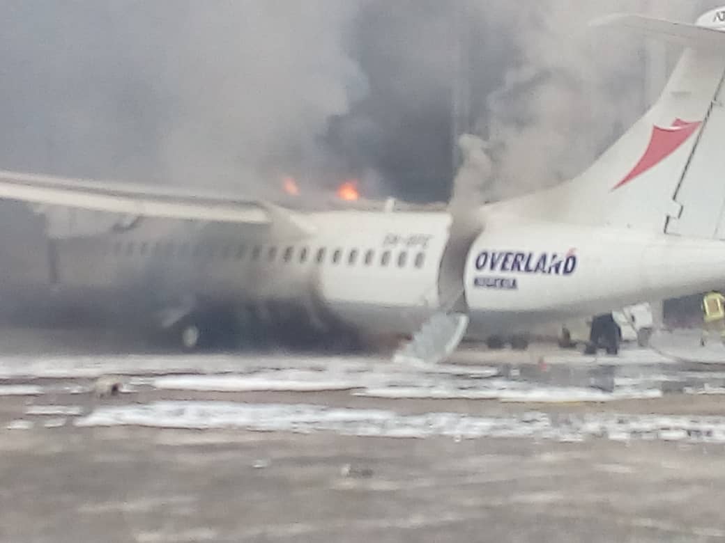 Overland aircraft catches fire at Lagos airport