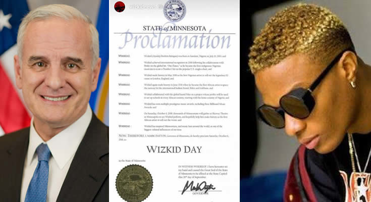 Wizkid honoured by Minnesota governor in U. S.
