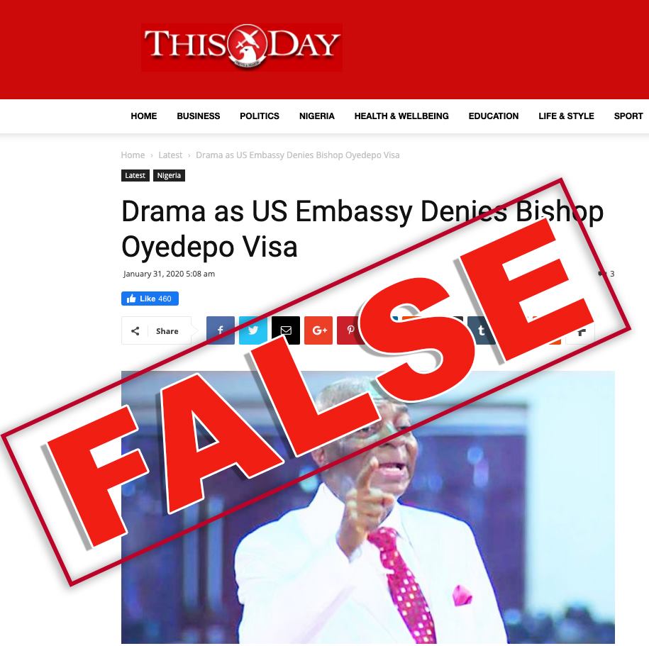 US Embassy says report of denying Bishop Oyedepo visa is fake news