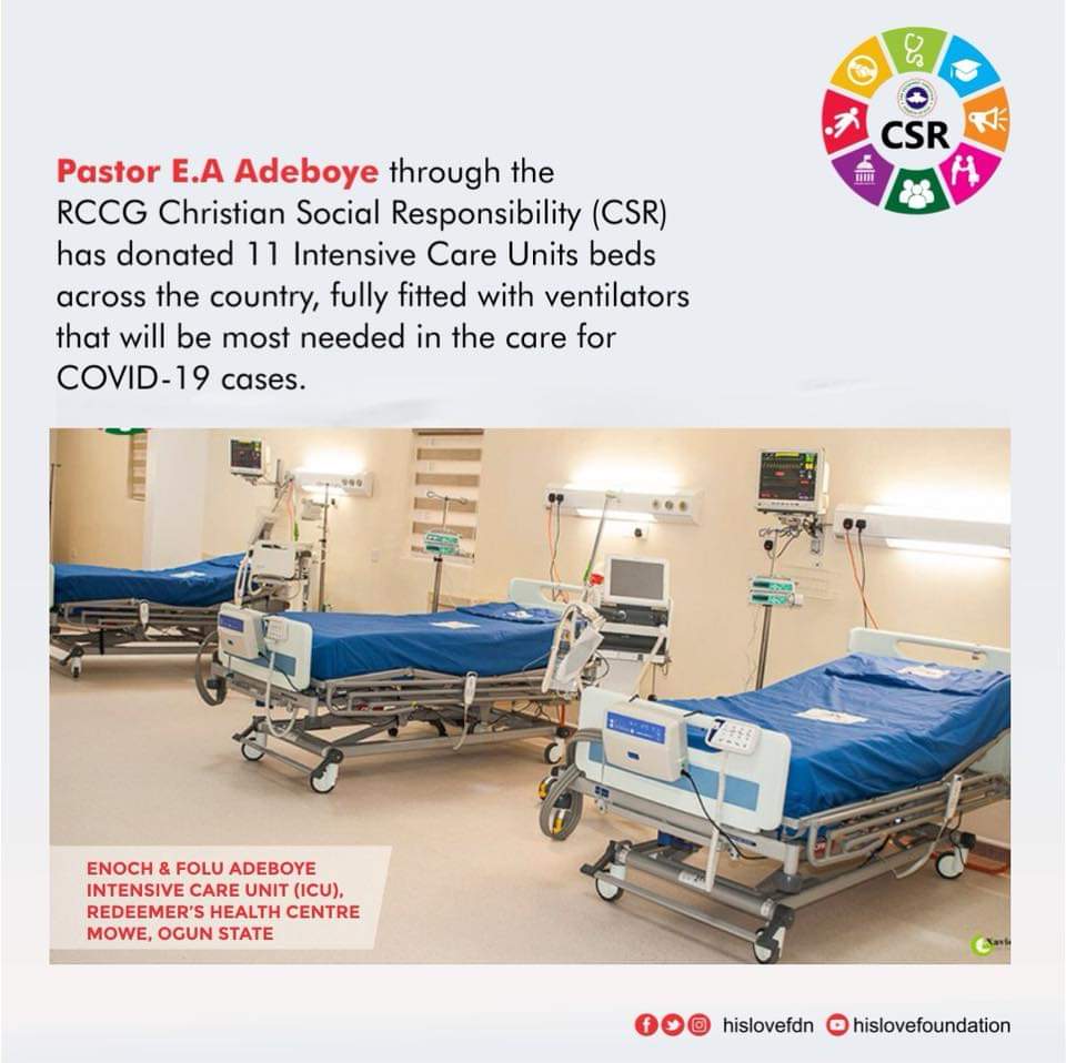 COVID-19: RCCG donates 11 intensive care bed units