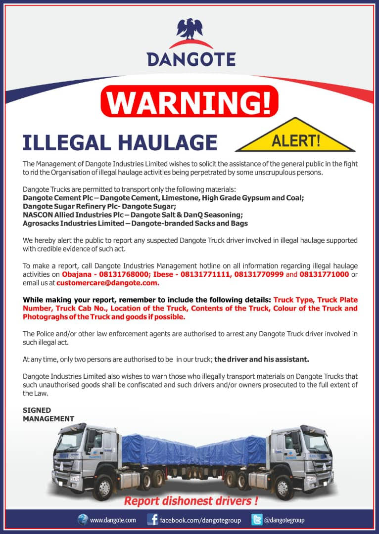 Dangote Group solicits public help on illegal haulage activities
