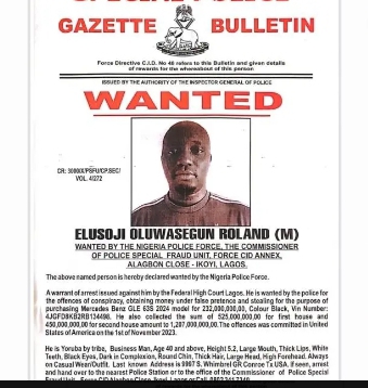Police declares business man, Elusoji Oluwasegun Roland wanted over N1.2bn fraud
